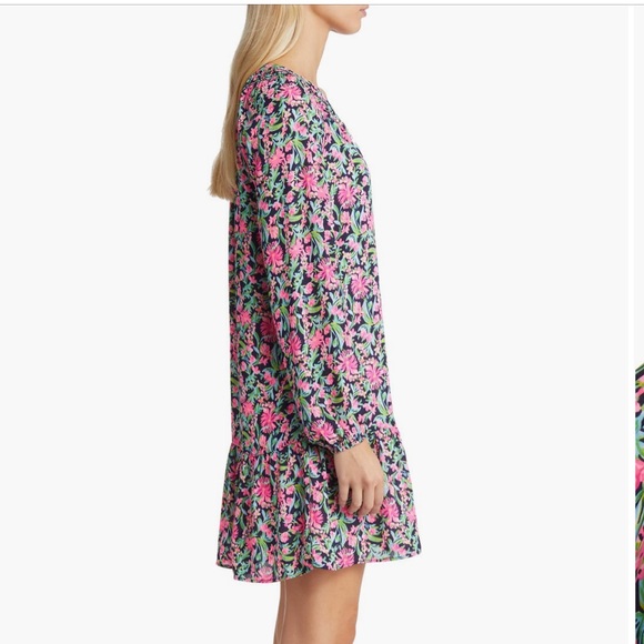 Women’s Lilly Pulitzer Lucee Floral Print Long Sleeve Dress Navy Garden, Large - Picture 3 of 16